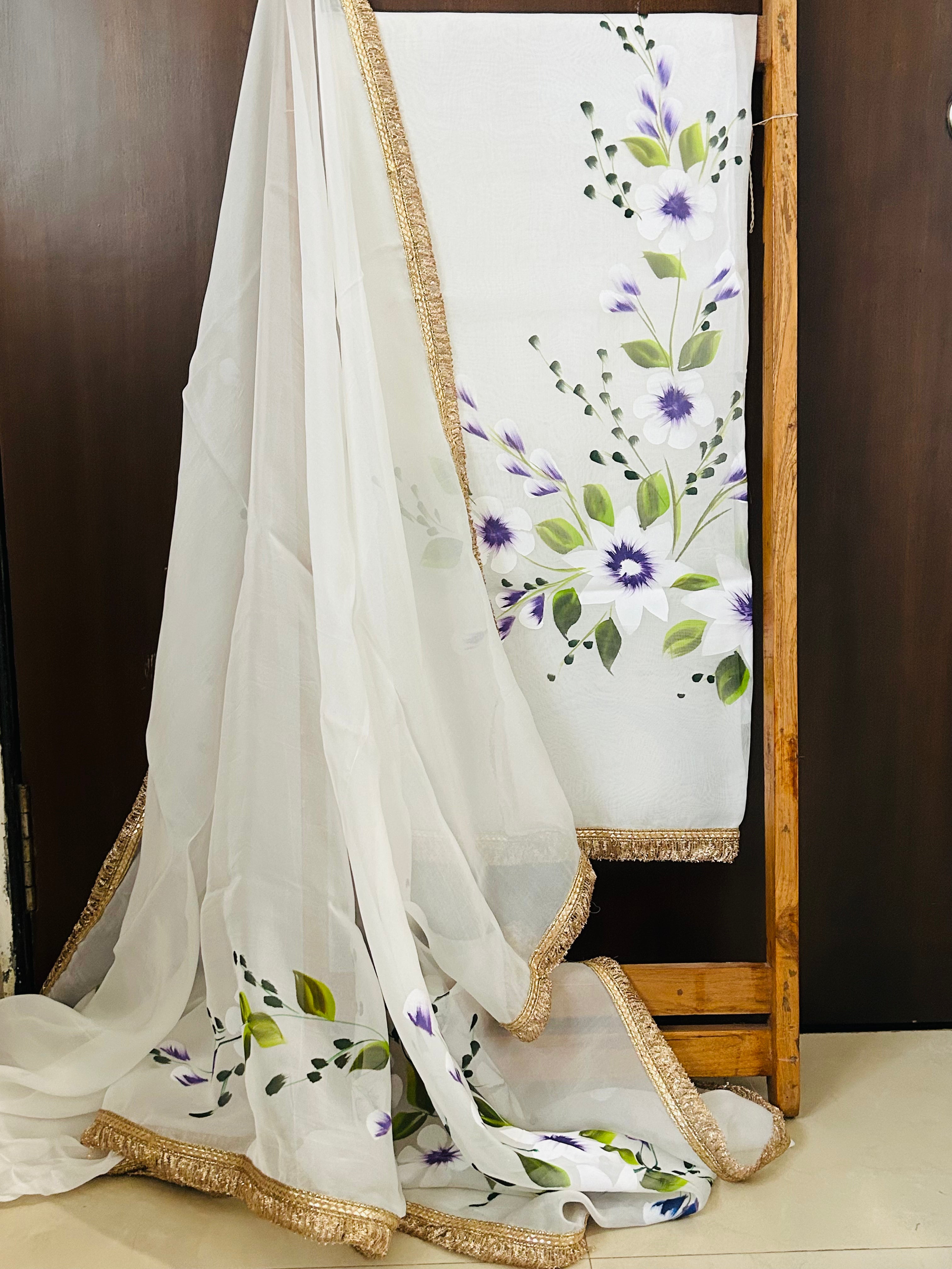 White Organza Handpainted Salwar Suit