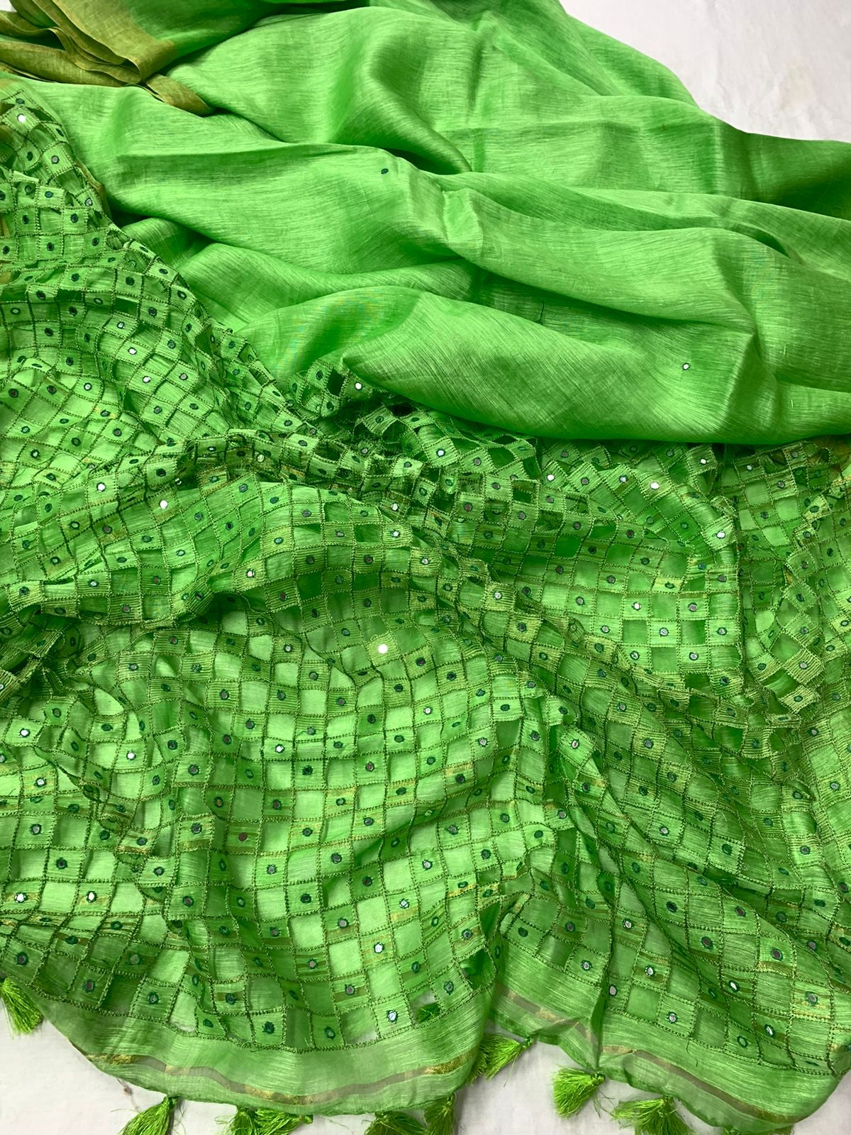 Light Green Silk Linen Cutwork Saree