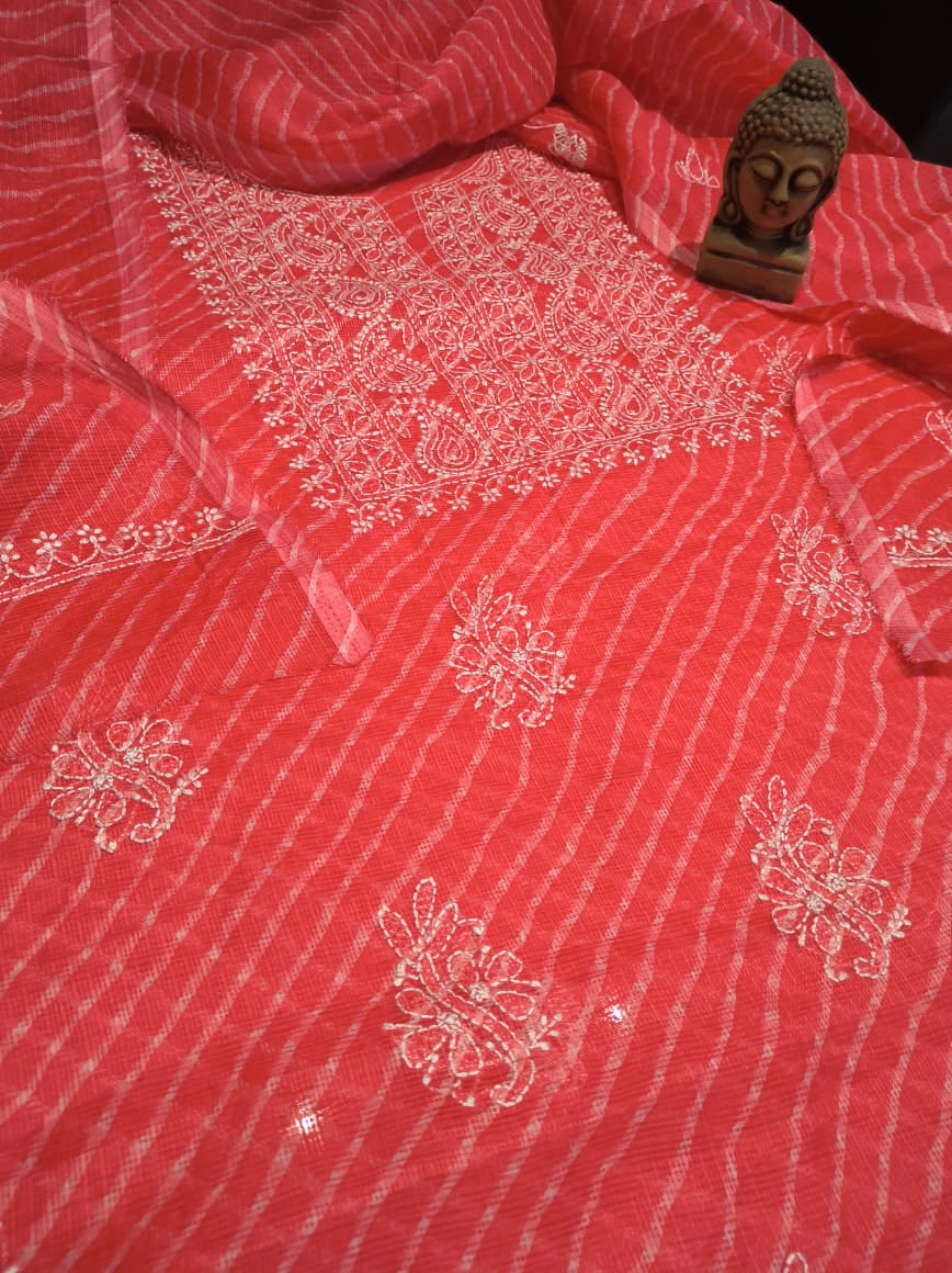 Carrot Red Chinkari Kota Doriya Suit fabric