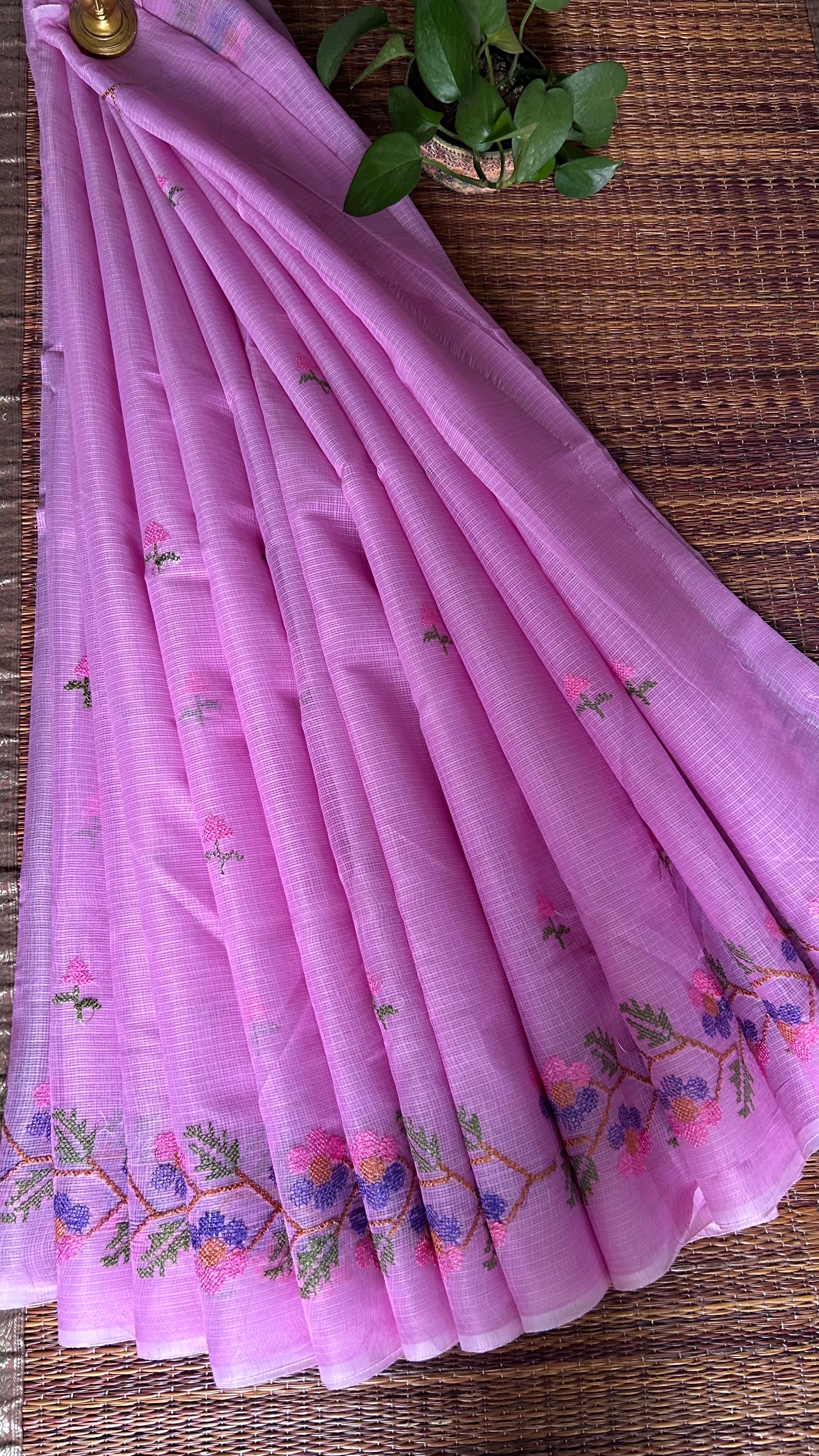 Rangoli- Cross Stitch Kota Doria Embroidery Work Saree In Pink