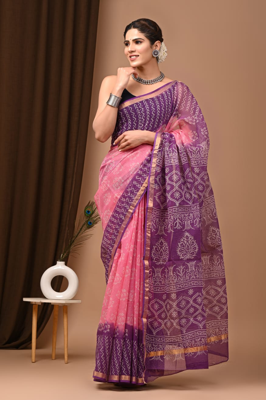 Urvashi- Trending Lavender Purple Kota Doria Traditional Print Saree