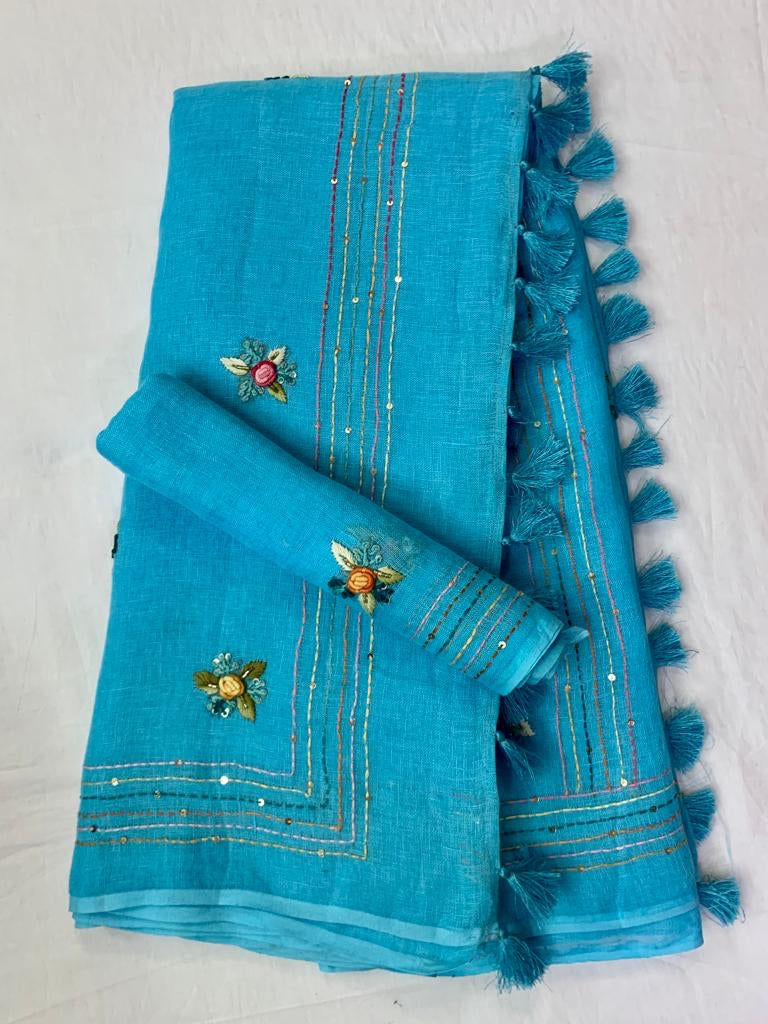 Linen Embroidred Saree In Sky blue