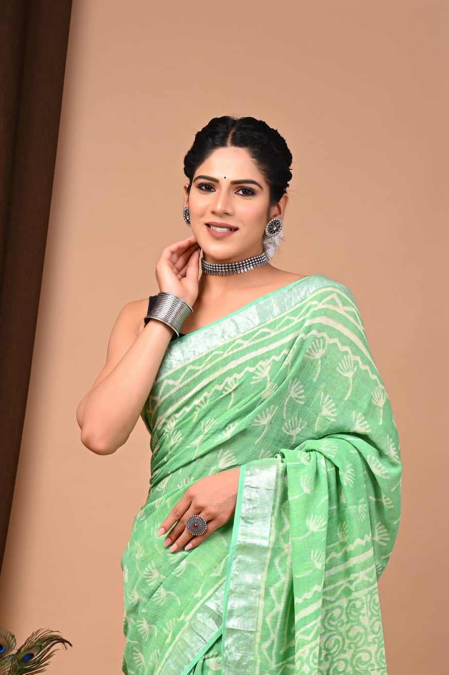 Green Pure Linen Saree
