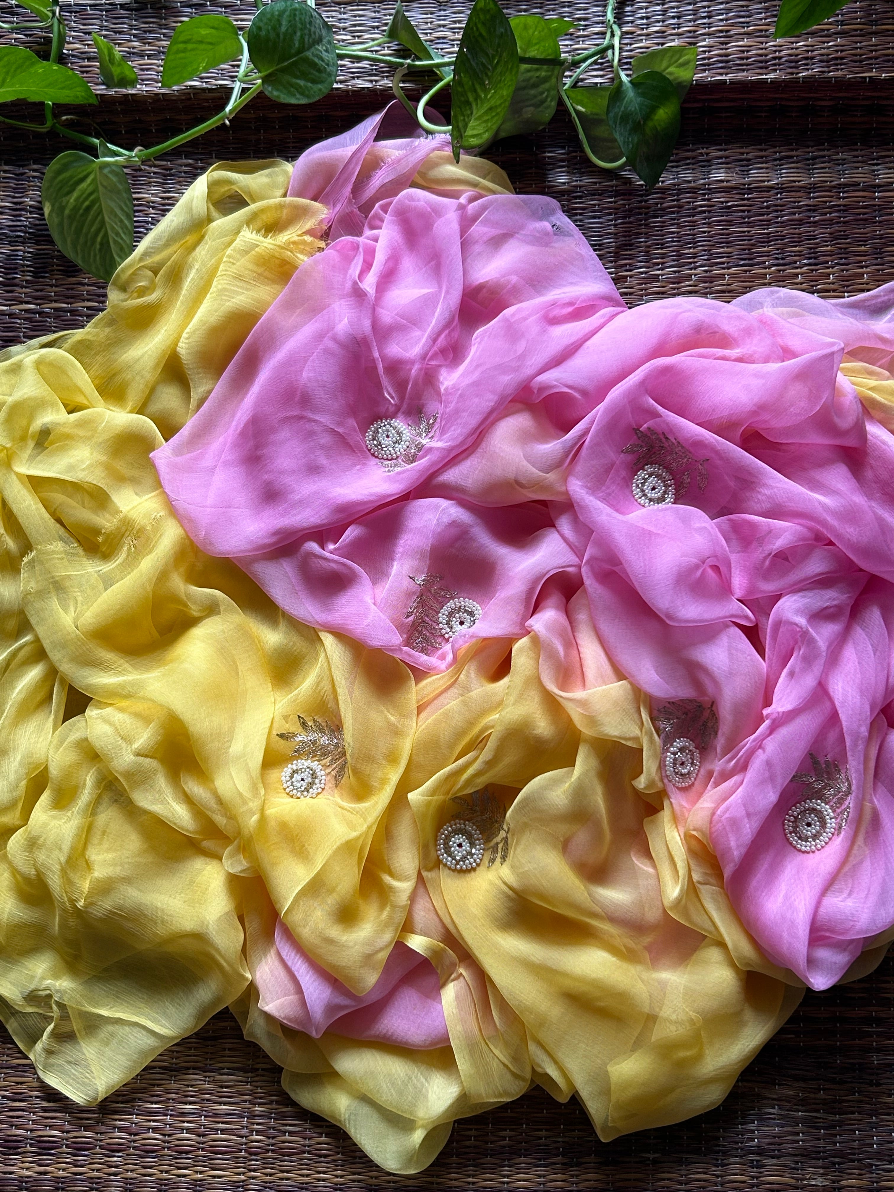 Rajputi Chiffon Handwork Sari In Pink And Yellow