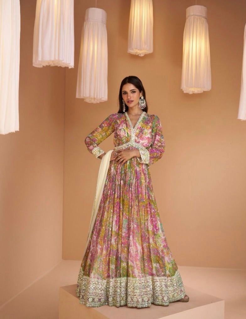 Yellow pink gown with dupatta