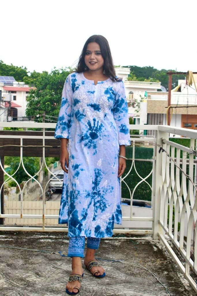 Chikankari cotton Kurti With Pant in white & blue