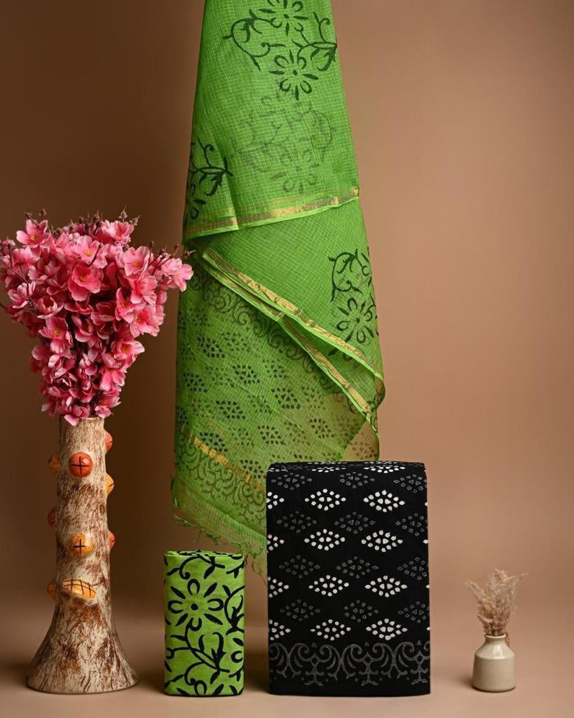 Faryal- Green and Black Cotton Salwar Suit ( Unstitched)