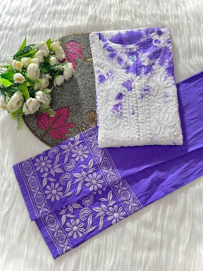 Chikankari cotton Kurti With Pant in white & purple