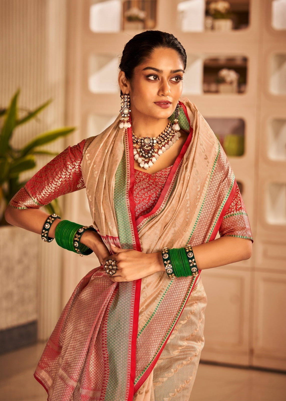Cream Banarasi designer silk saree