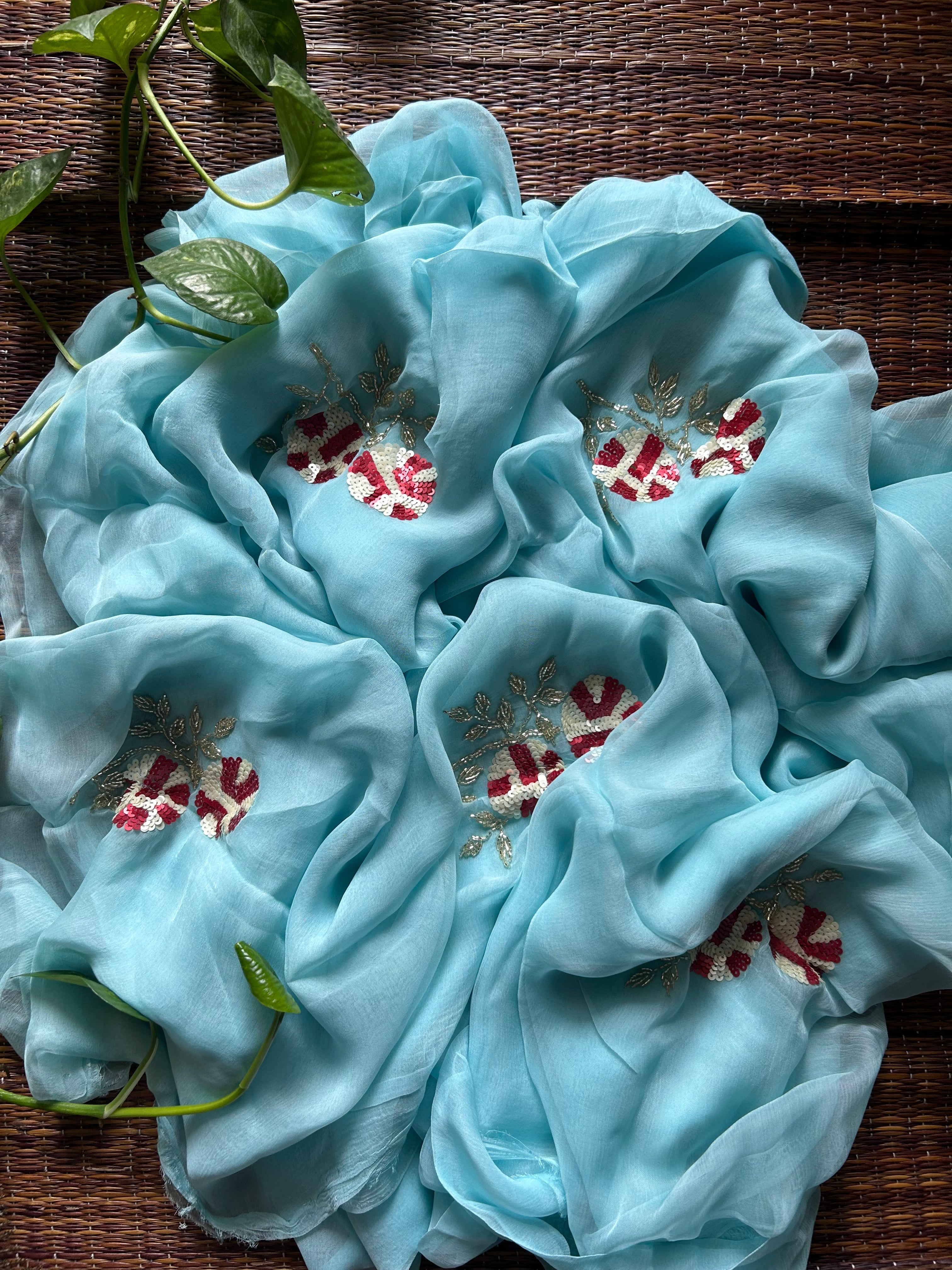 Soft Blue Rajputi Chiffon Saree