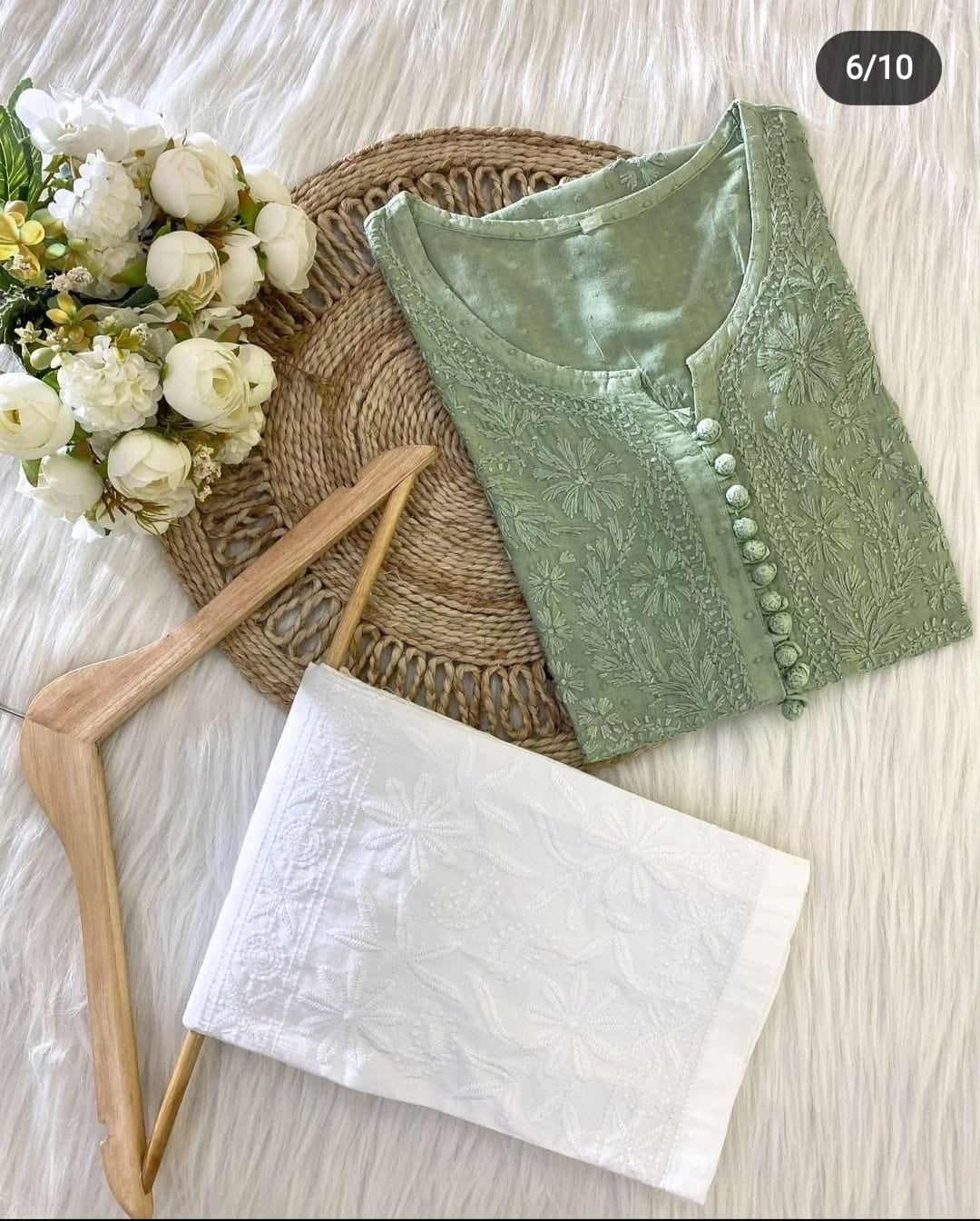 Green Chikankari cotton Kurti With white Pant