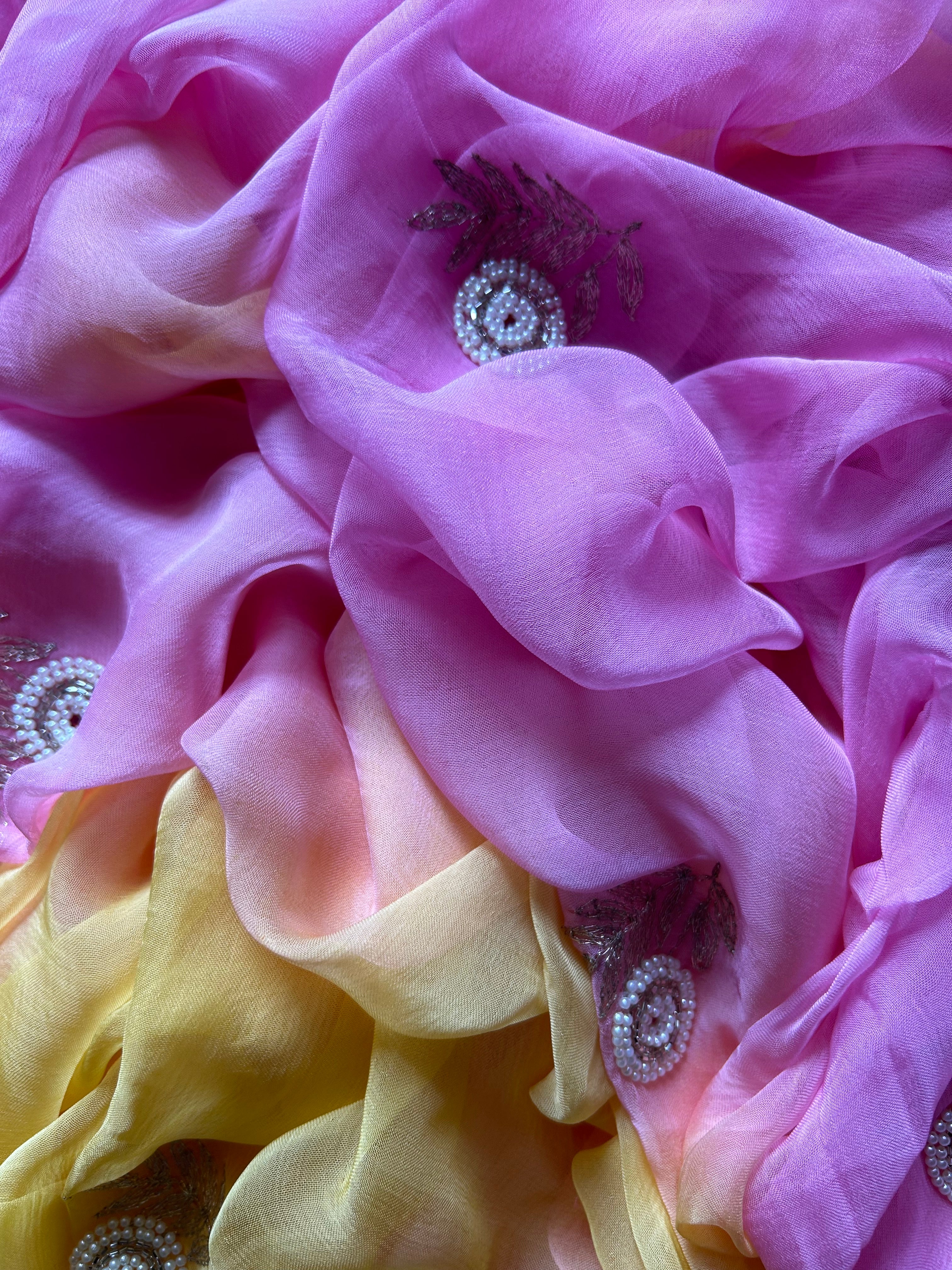 Rajputi Chiffon Handwork Sari In Pink And Yellow