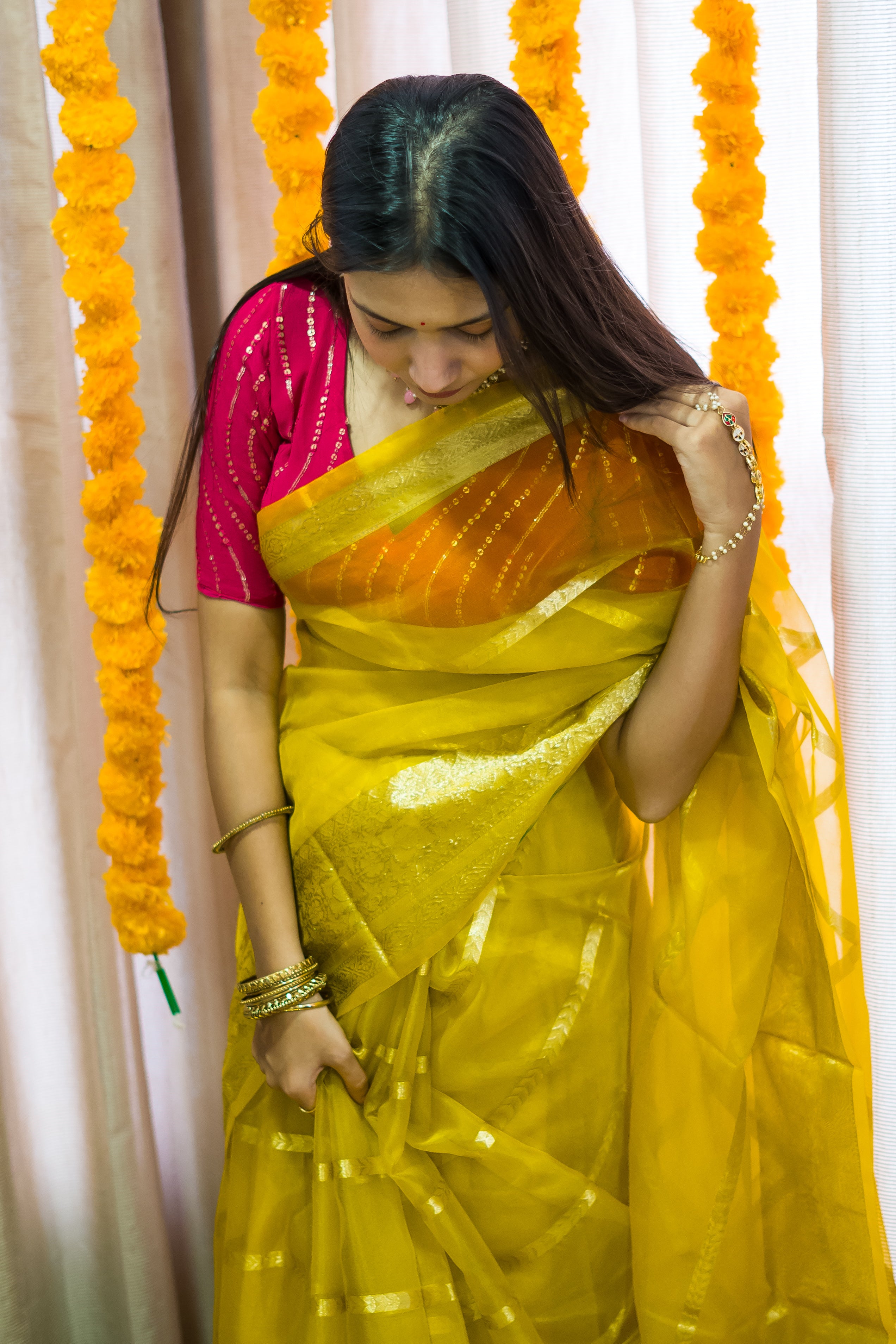 Yellow Banarasi Kora Silk Sari