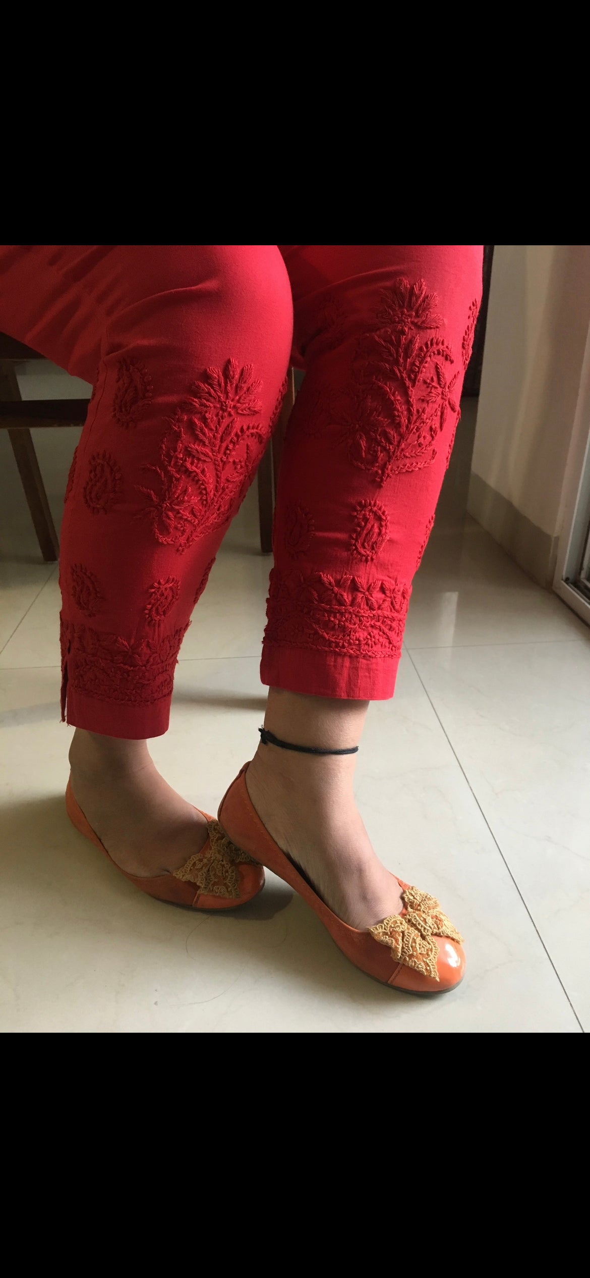 Chikankari Pant Red Stretchable
