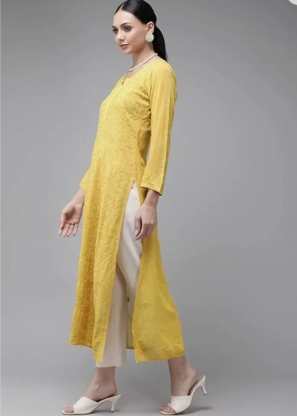 Chikankari Kurti in yellow