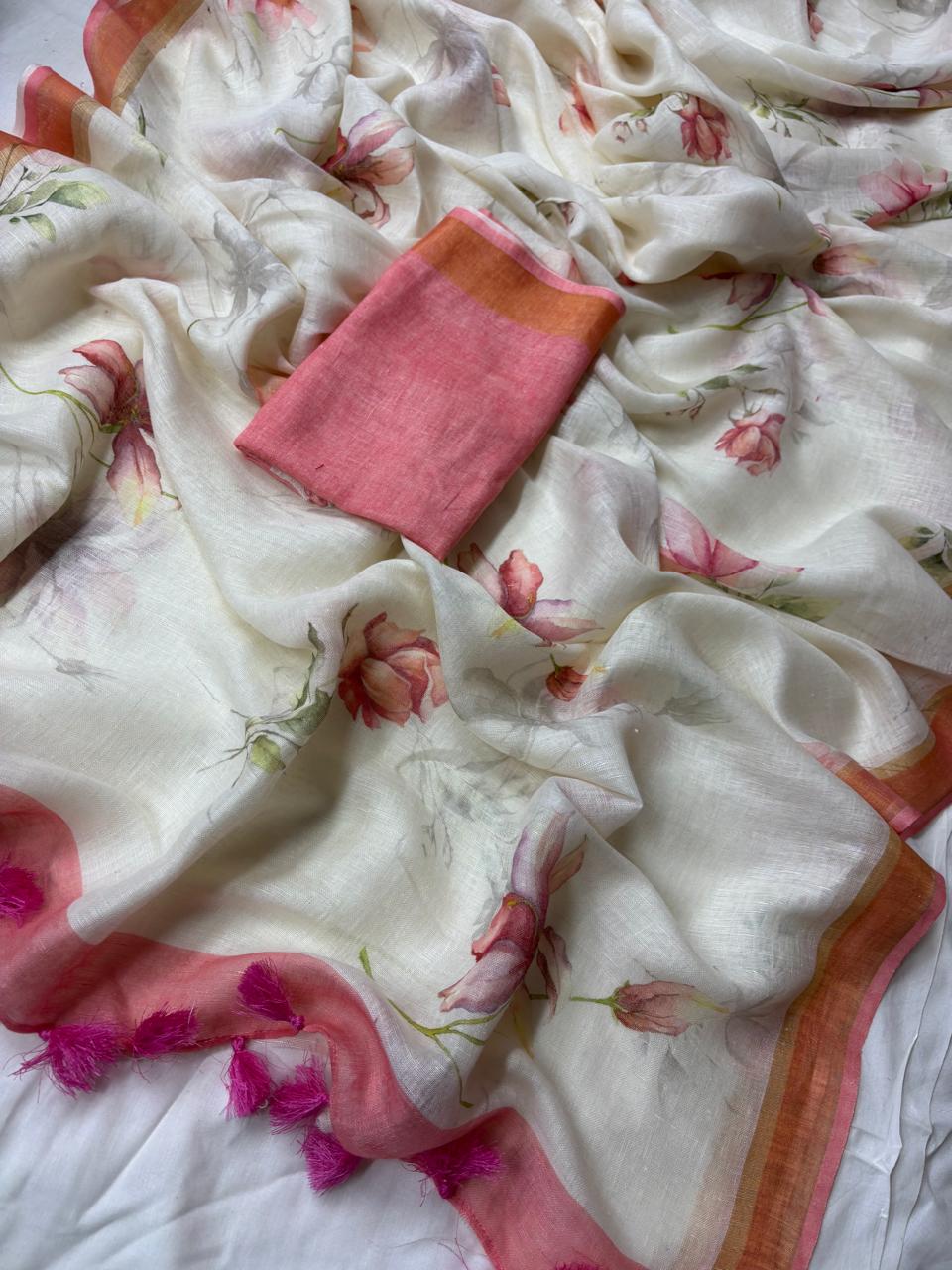 Cream Floral Pure Linen Saree