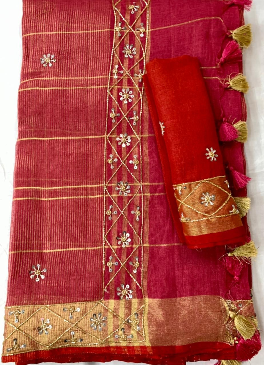 Red Linen Embroidery Saree