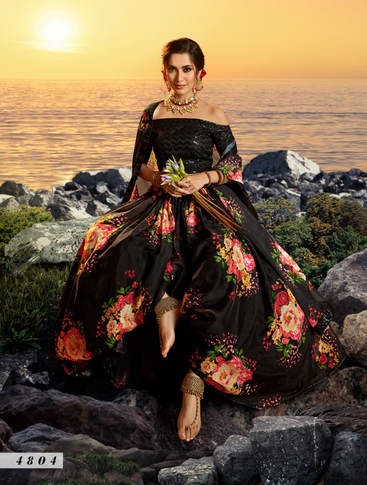 Floral Organza Lehenga In Black (Semi Stitched)