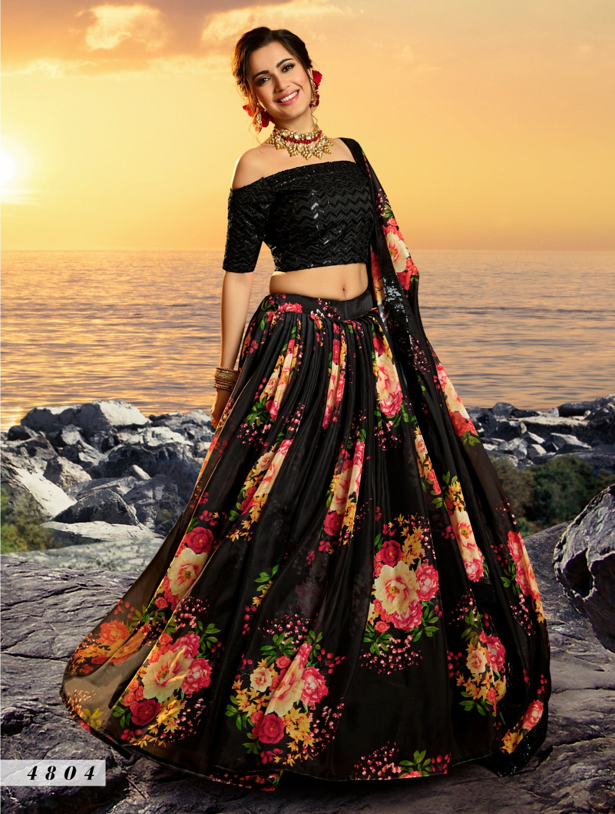 Floral Organza Lehenga In Black (Semi Stitched)