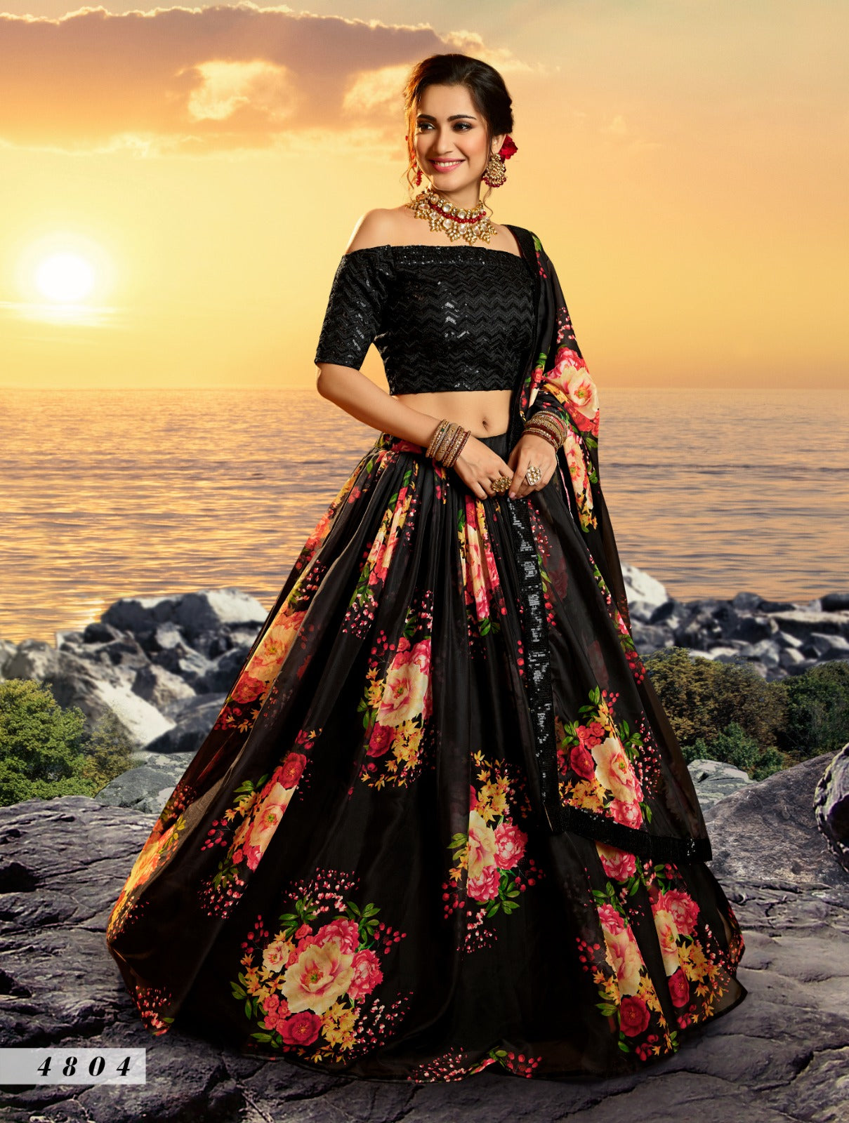 Floral Organza Lehenga In Black (Semi Stitched)