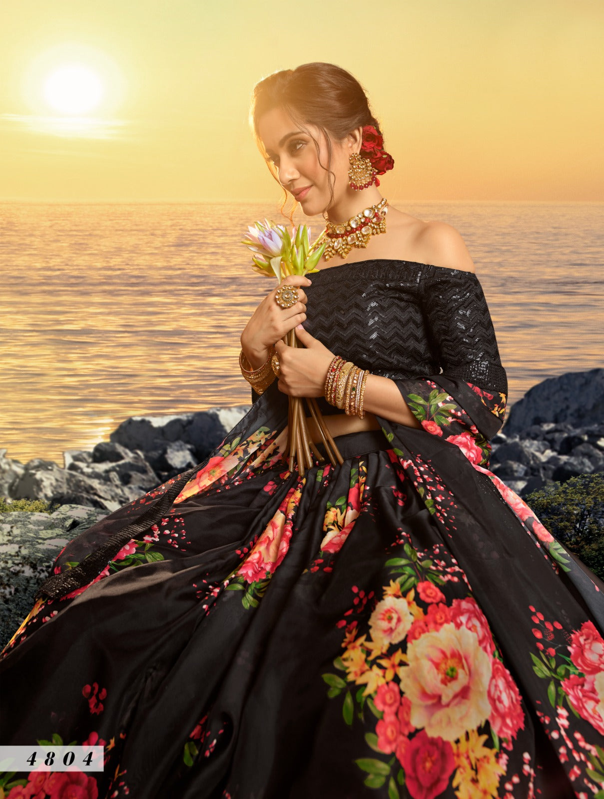 Floral Organza Lehenga In Black (Semi Stitched)