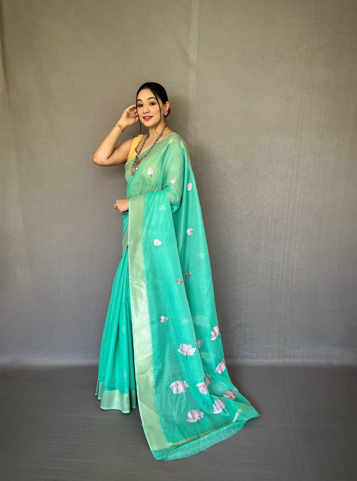 Linen Cotton saree in Sea Green