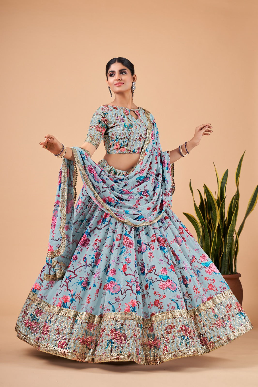 Stylish Blue Floral Organza Lehenga