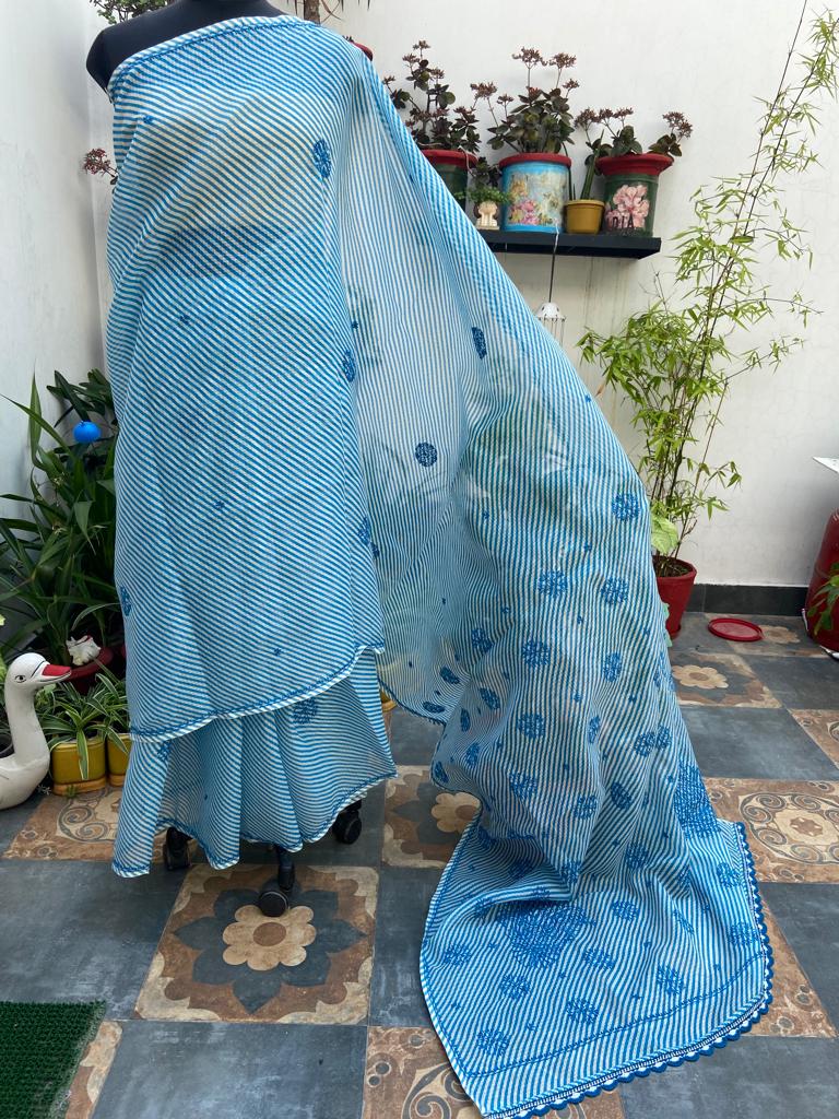 Kota Doria Chikankari Work Saree In Blue
