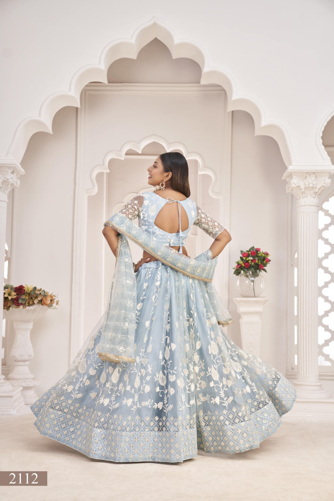 Blue Net Thread Work Lehenga (Semi - Stitched)