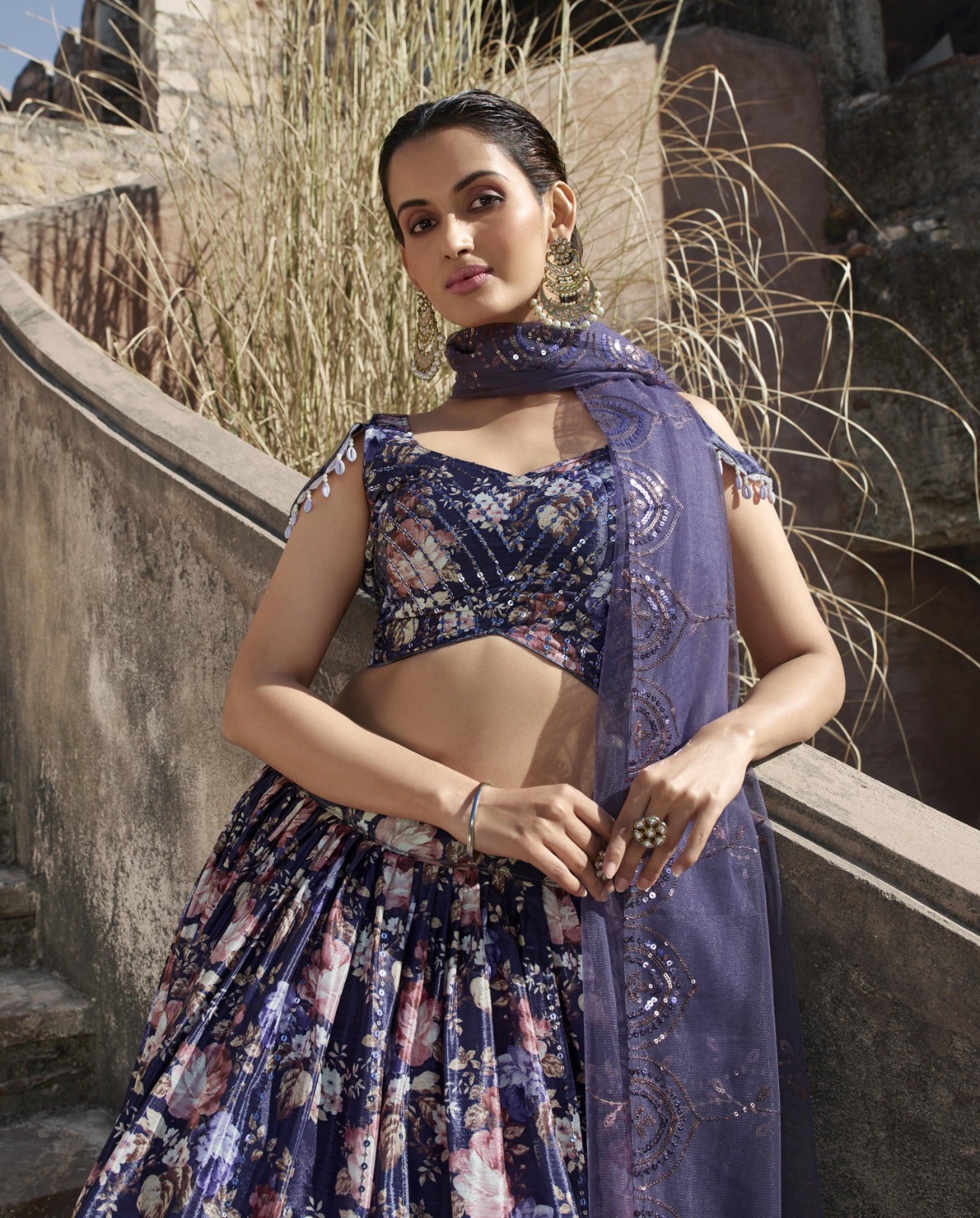 Georgette Lehenga In Blue (semi Stitched)