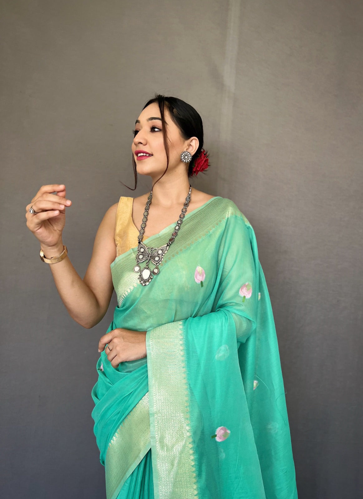 Linen Cotton saree in Sea Green