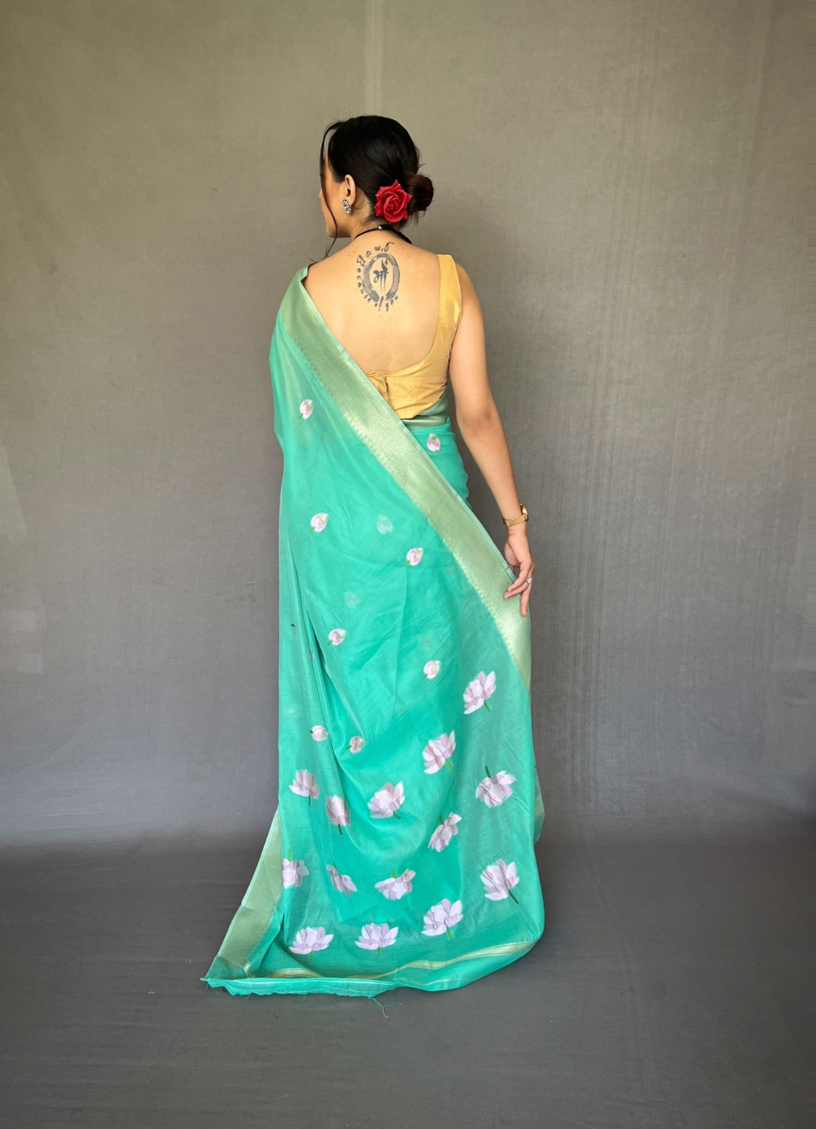 Linen Cotton saree in Sea Green