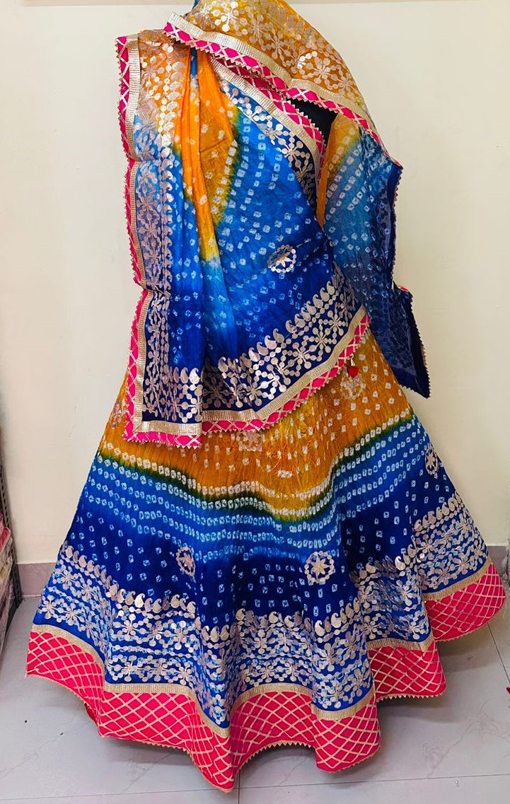 Girls Silk Blend Sleeveless V Neck Neck Gota Pati Embellished Lehenga Choli Set with Dupatta for Girls