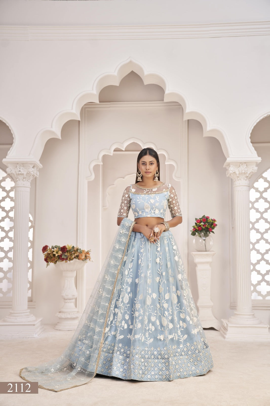 Blue Net Sequins Work Lehenga (Semi - Stitched)