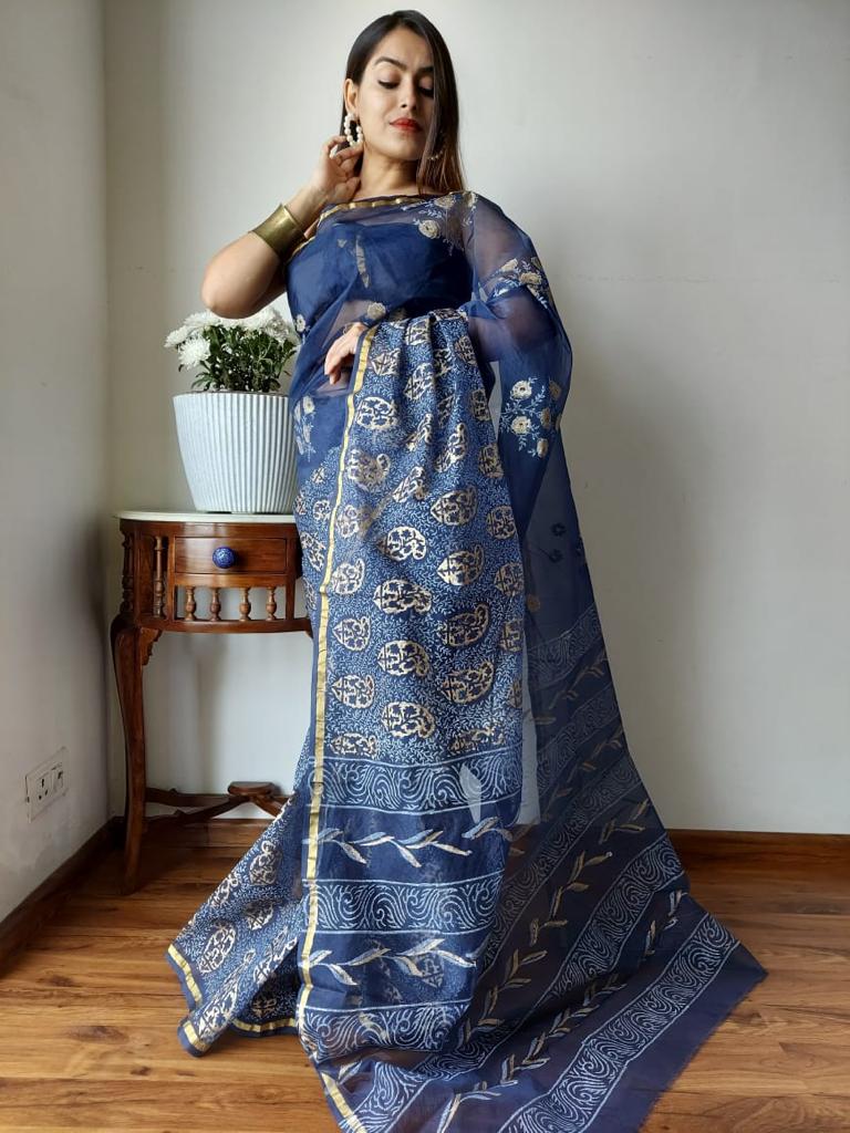 Organza Hand Painted Saree In Blue