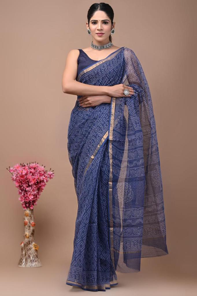Light Blue Block Print Kota Doria Saree