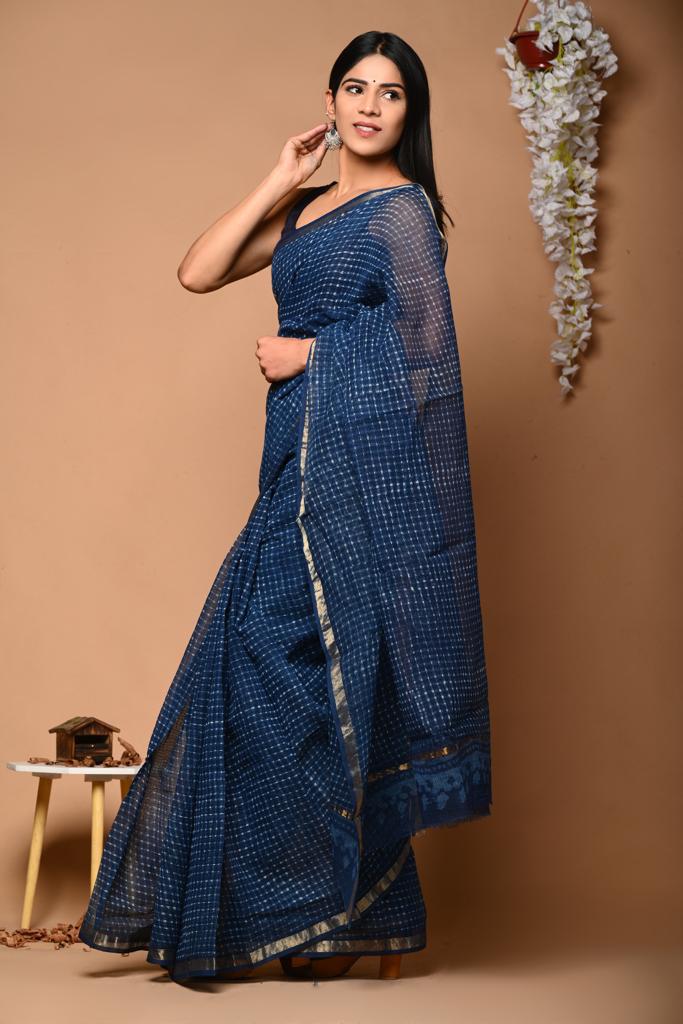 Blue Block Print Kota Doria Saree