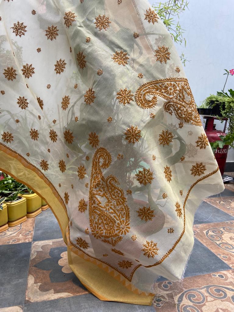 Kota Doria Chikankari Work Saree In Brown