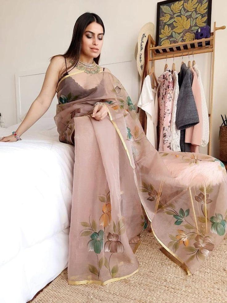 Organza Hand Painted Saree In Brown