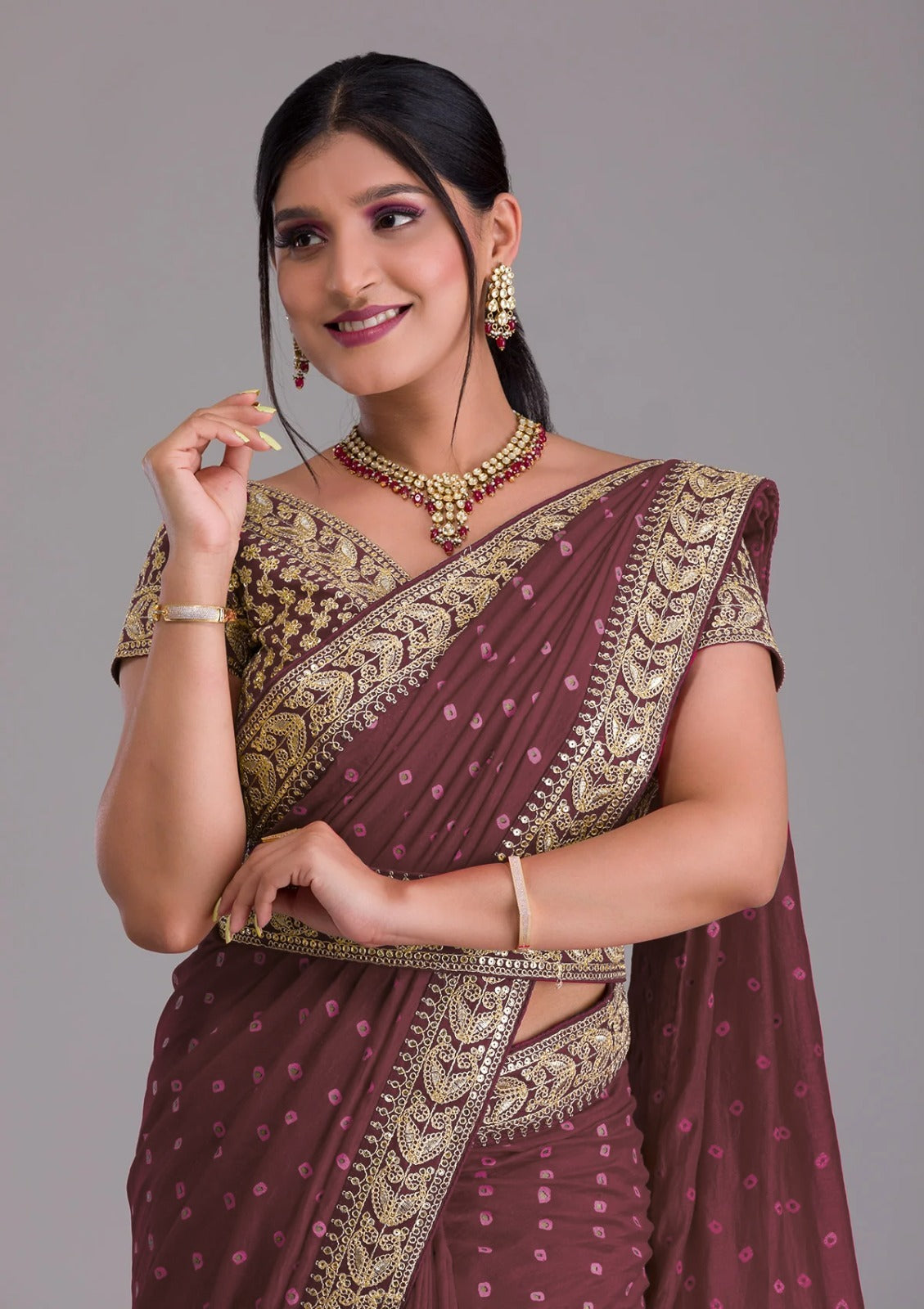 Silk Embroidery Saree In Chestnut Color