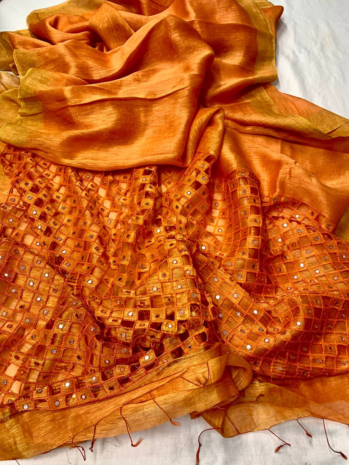 Orange Colour Silk Linen Cutwork Saree