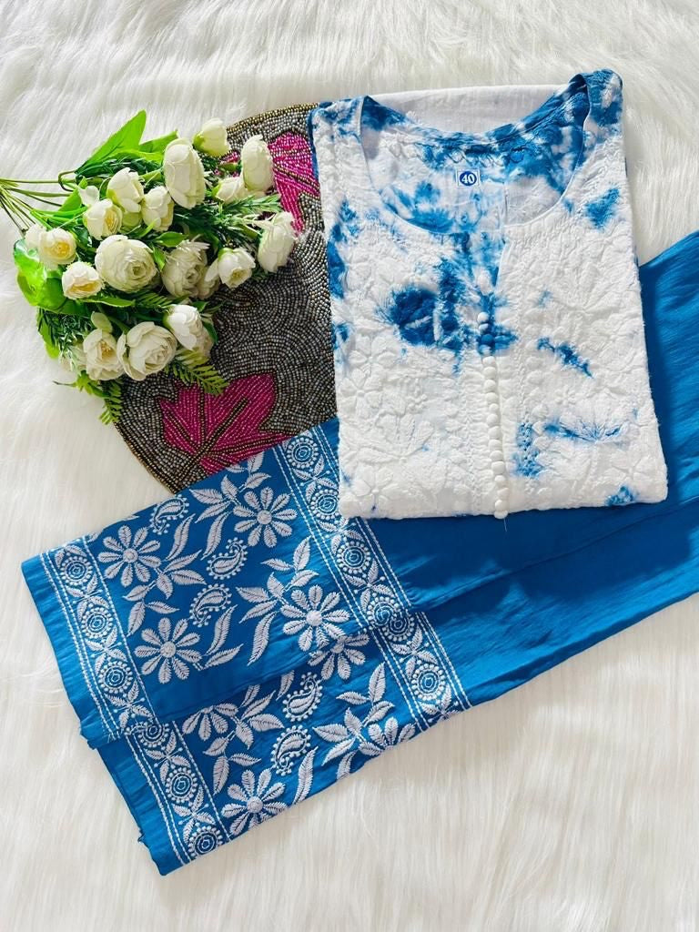 Chikankari cotton Kurti With Pant in white & blue