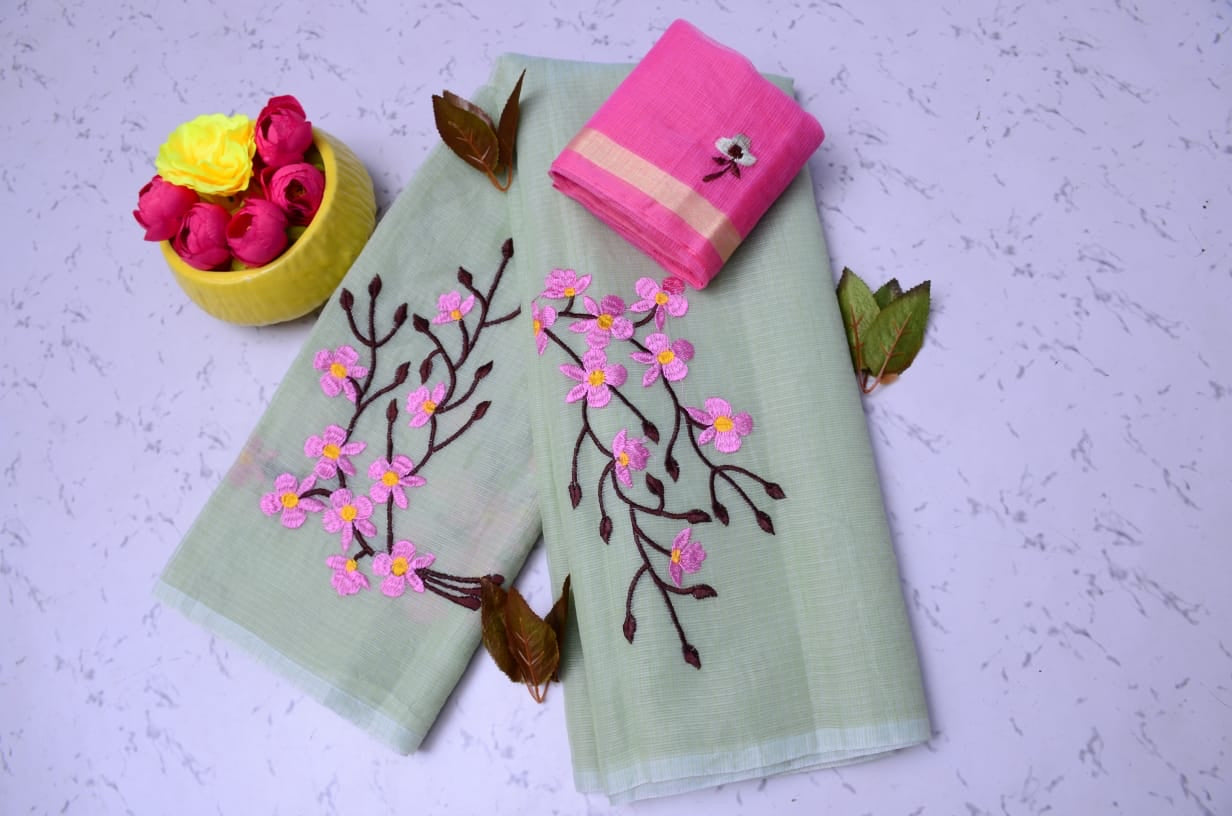 Green Kota Doria Embroidery Work Sari (Copy)