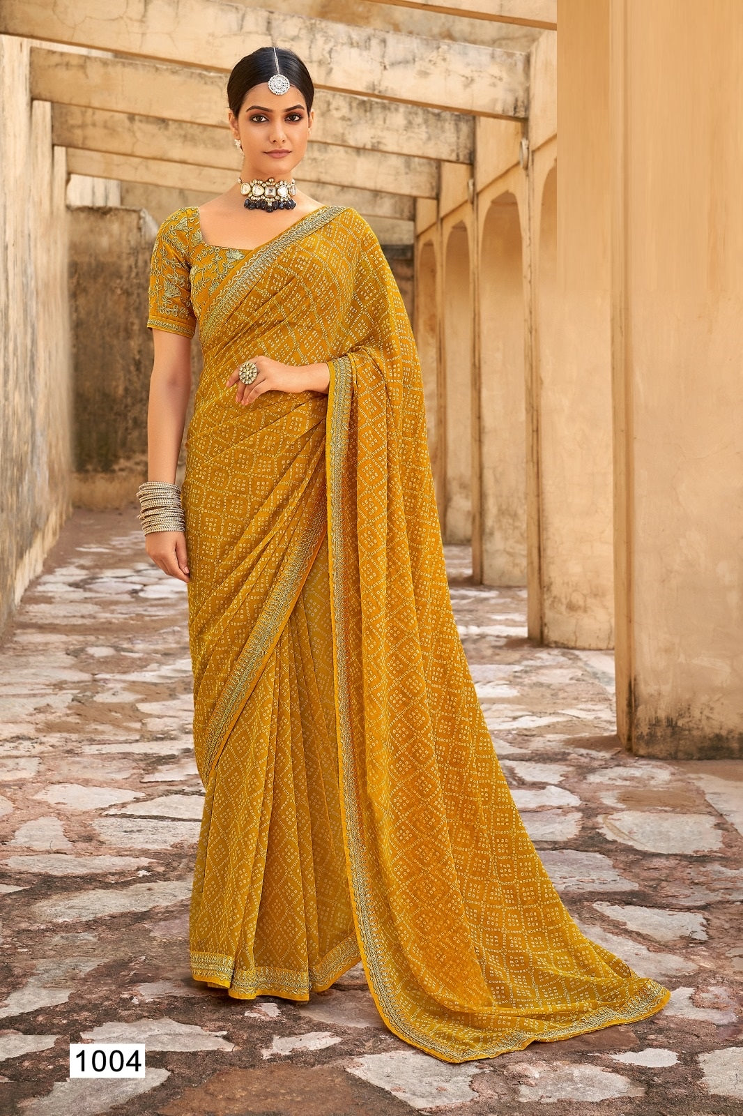 Bandhani print Georgette saree in yellow