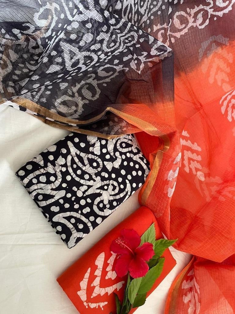 Minoo- Orange and BlackCotton Salwar Suit ( Unstitched)