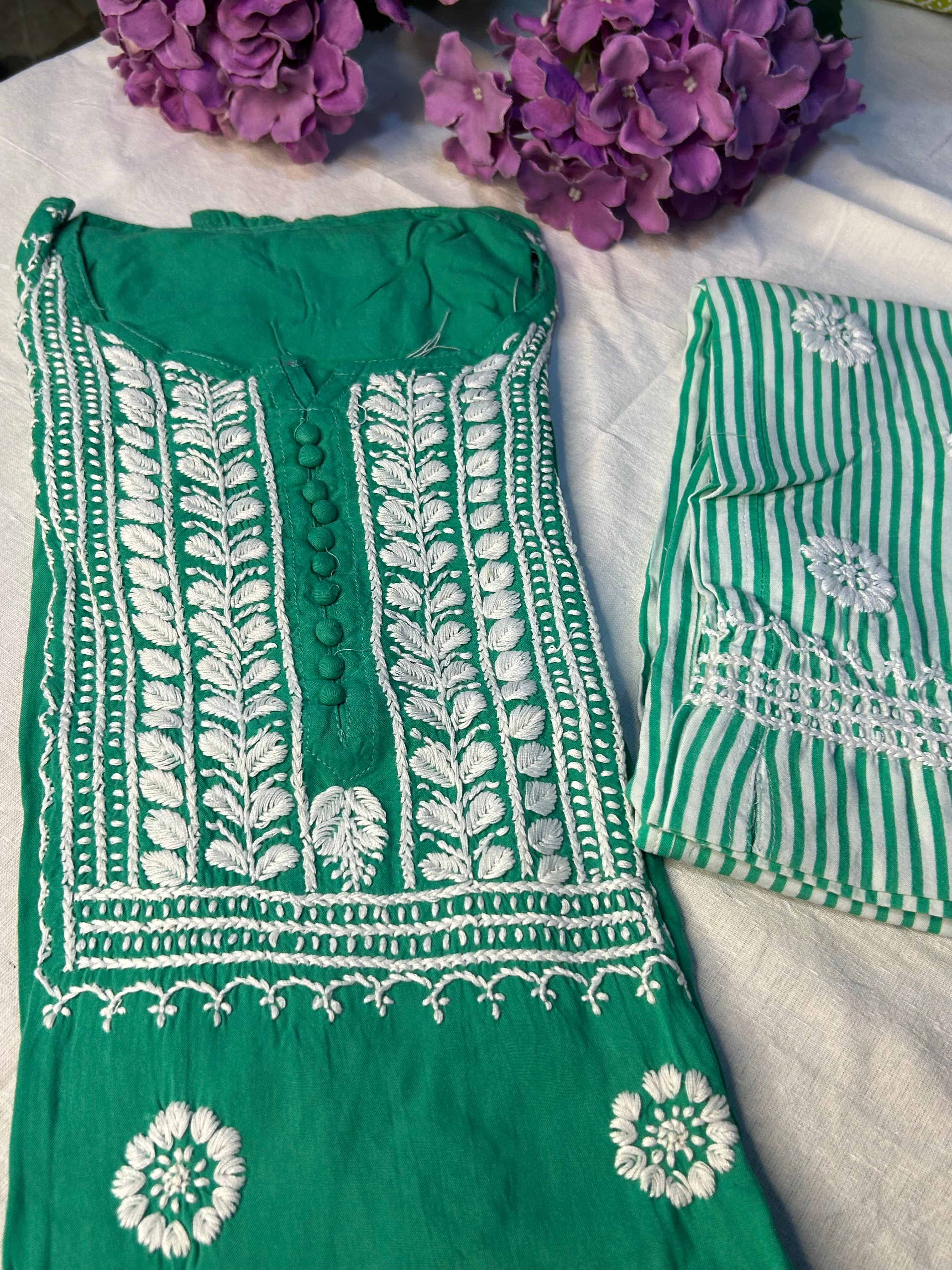 Green Chikankari Kurti In Rayon With Cotton Stripes Pant