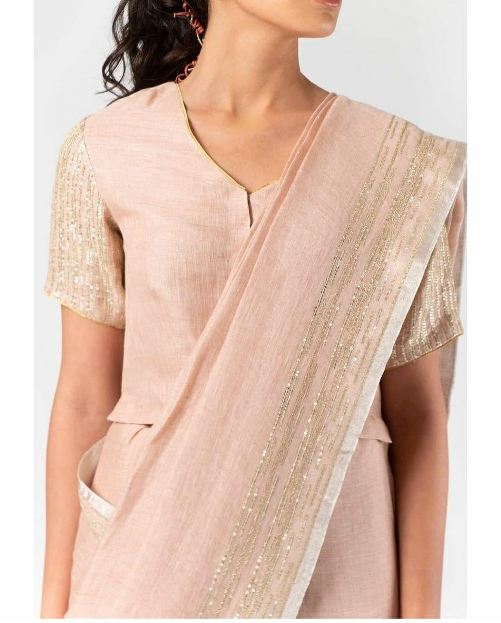 Skin Color Linen Embroidery Saree