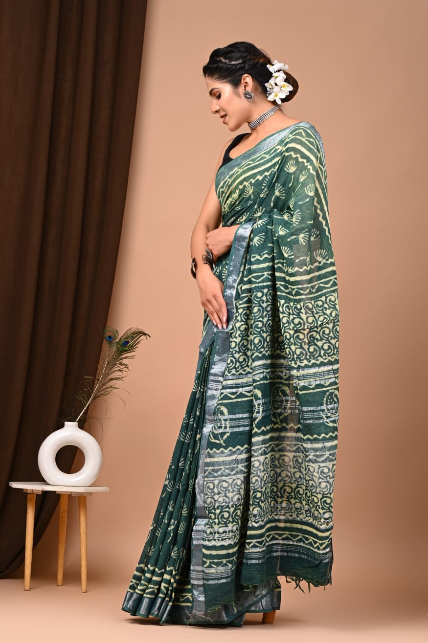 Green Nayantara Style Linen Saree