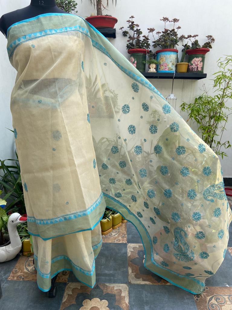 Kota Doria Embroidery Work Sari In White
