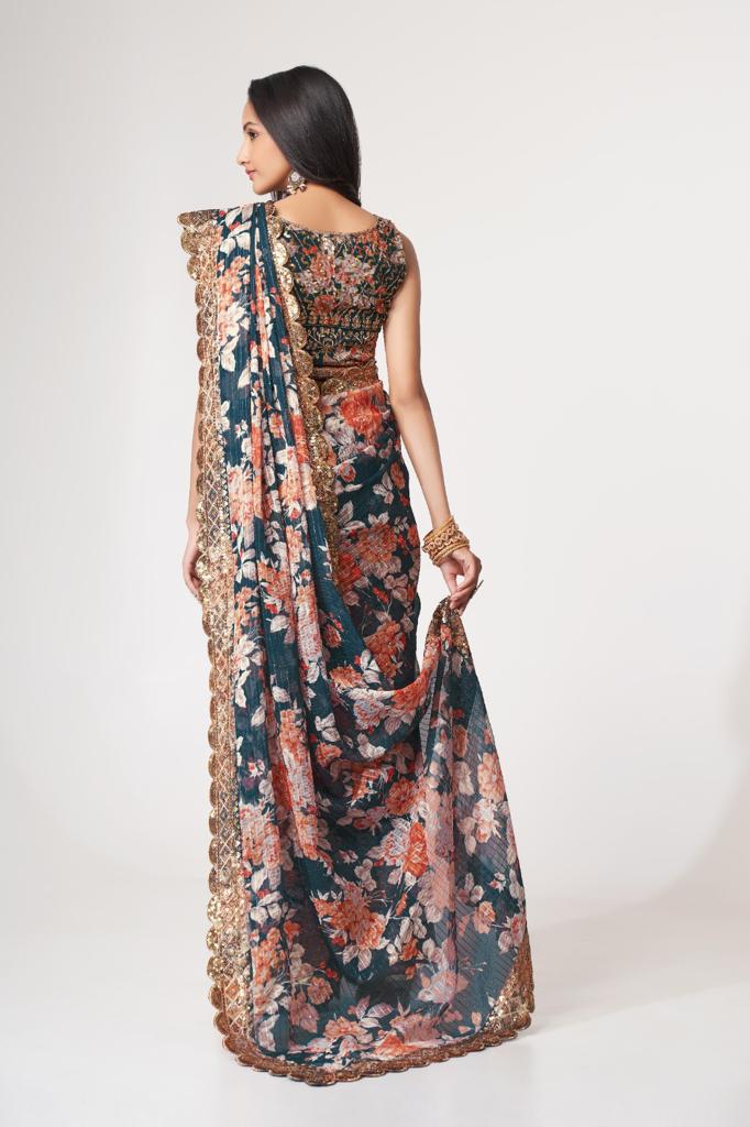 Classic Blue Organza Sequins Work Saree